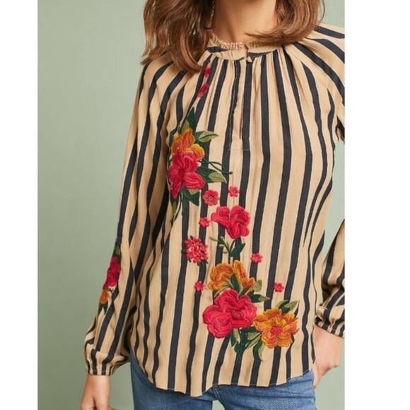 Akemi + Kin by Anthropologie Manuela Stripe Floral Long Sleeve Blouse Size XS - Picture 1 of 8